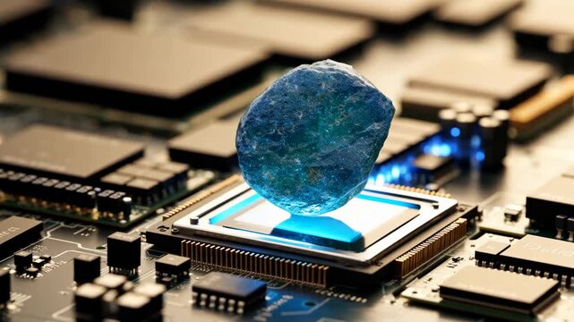 Rare earth elements chip technology glowing blue mineral stone computer circuit board and processor surface futuristic electronic innovation energy material connection rare mineral rock earth crystal
