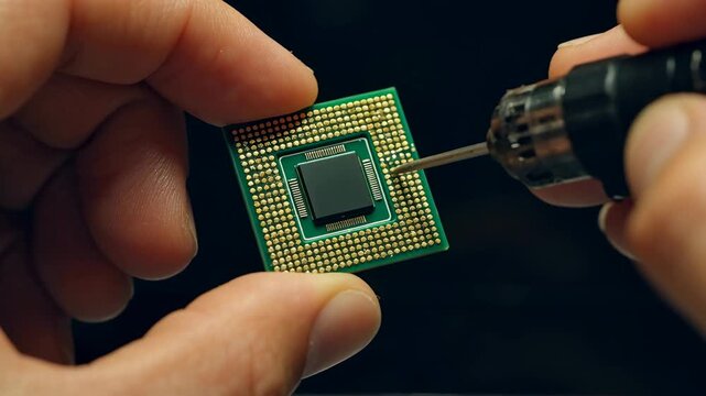 Microchip processor circuit drill repair technology hardware engineering rare earth elements precision technician uses drill for computer processor microchip maintenance showing rare earth elements