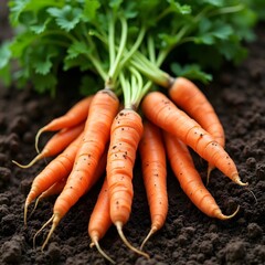 A bundle of organic carrots with green tops, freshly pulled from the soil.