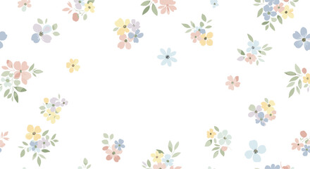 Delicate seamless pattern featuring tiny pastel colored flowers scattered randomly on a clean white background for textiles.