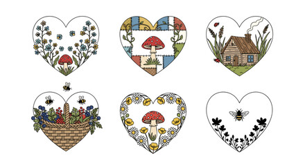 Fototapeta premium Collection of six embroidered heart and nature themed patches