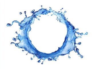 Ring of water, splash creating a circle, blue and translucent, white background