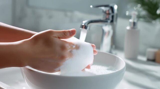 Hands are being washed with foamy soap under running water in a clean, contemporary bathroom setting. Practicing good hand hygiene helps maintain wellness and reduces the risk of illness transmission