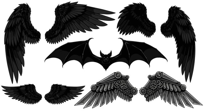 Set of black bat wings and flying wing silhouette