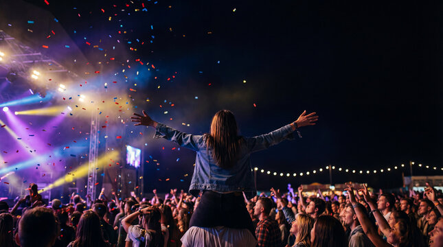 Young woman on shoulders at outdoor concert with confetti and colorful stage lights cheering in joyful night crowd