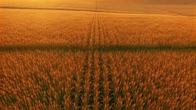 Vast Golden Wheat Field at Sunset &ndash; Aerial View of Perfect Rows & Ripe Stalks in Agricultural Serenity
