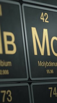close up view of a periodic table of elements scrolling in front of the camera, vertical video (3d render)