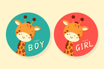 Fototapeta premium Gender reveal party sticker set with cute giraffe for team boy and team girl vector illustration.