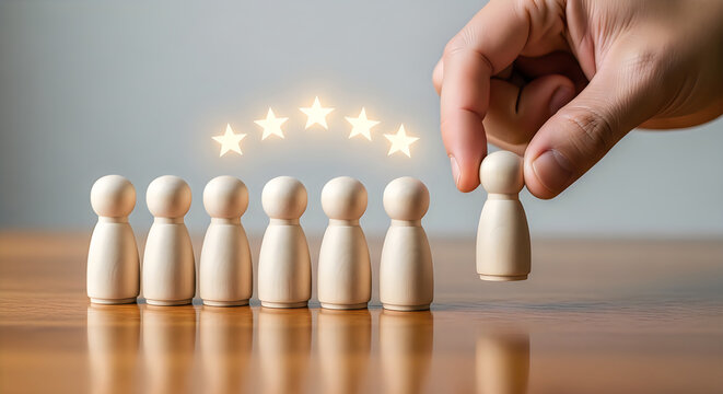 A hand placing a star rated person among a group of people