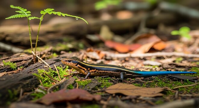 Blue tailed skink on forest floor