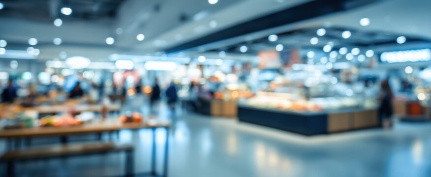 The supermarket interior with blurred shoppers and glowing retail lights
