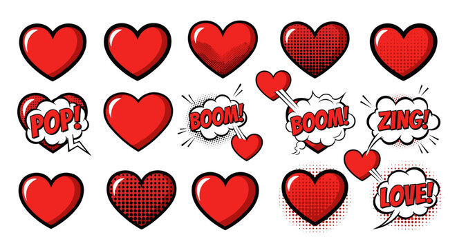 Collection of comic style hearts with sound effect words and expressions