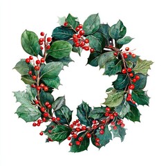 Watercolor depiction of a vibrant holly wreath, with glossy green leaves and bright red berries