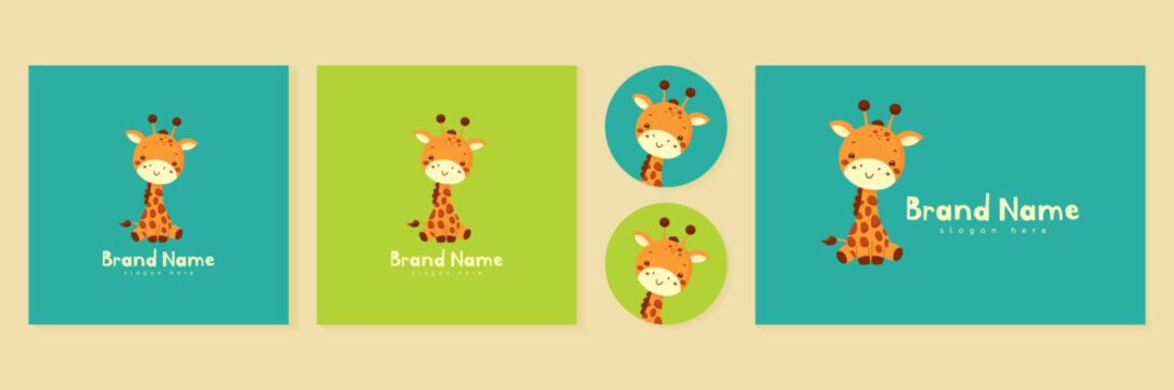 Cute baby giraffe mascot logo set for kids brand identity vector illustration.