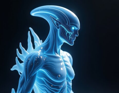 Glowing Blue Futuristic Alien Humanoid Being.