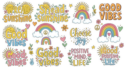 Fototapeta premium Collection of colorful positive quotes and rainbow illustrations