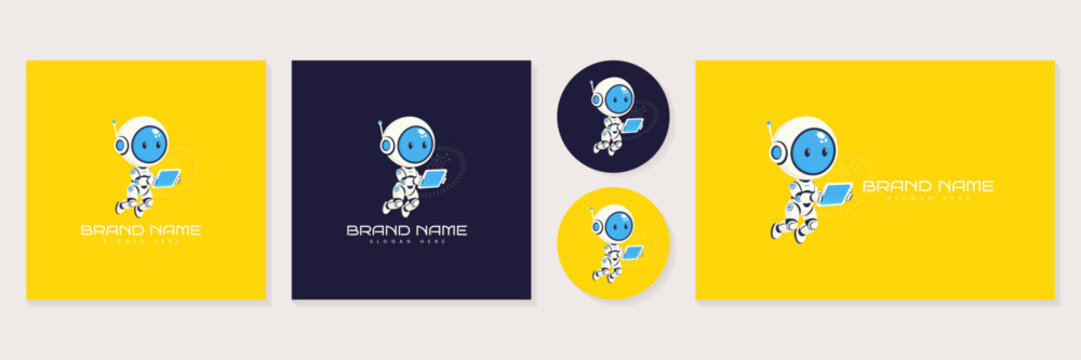 Cute robot mascot logo with digital tablet for technology brand vector illustration.