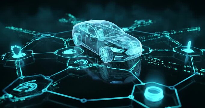 Futuristic Electric Car Hologram with Autonomous Technology Concept