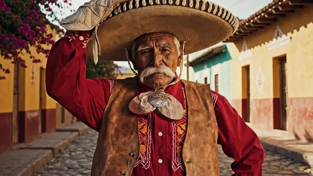 Local man in traditional dress stands on cobblestone street in San Miguel de Allende during sunny afternoon