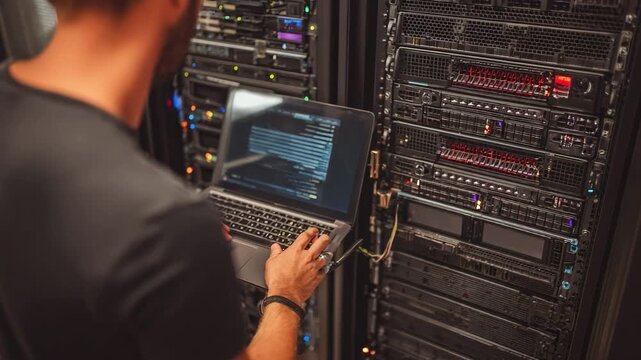 Medium shot showing a professional setting up firewalls and secure networks to safeguard sensitive accounting information.