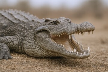 Fototapeta premium Crocodile Portrait with Open Mouth Showing Sharp Teeth, Wildlife Photography, Dangerous Animal