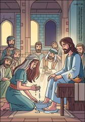 Woman anoints feet with tears and washes them with her hair.