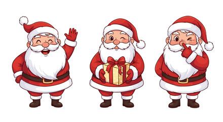 Three cheerful santa claus characters in festive costumes and hats