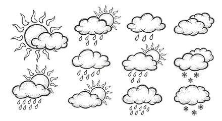 Obraz premium Collection of handdrawn weather icons including sun clouds and rain