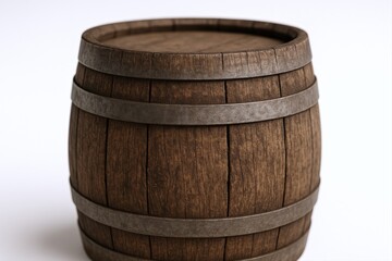 Obraz premium Wooden Barrel with Metal Hoops: Rustic Storage Container for Wine, Whiskey, or Rainwater Harvesting