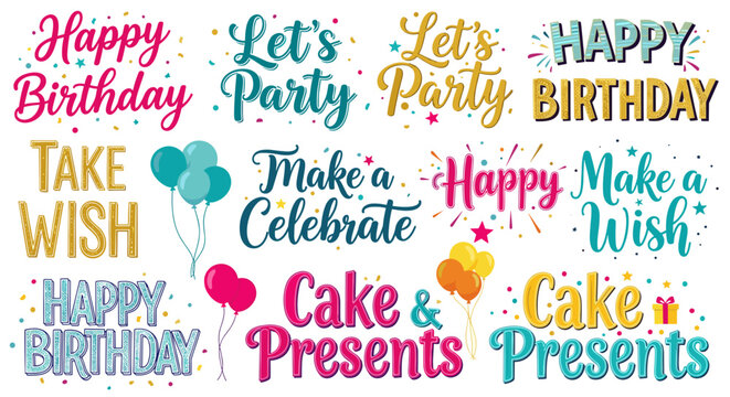 Colorful birthday celebration with balloons cake and presents