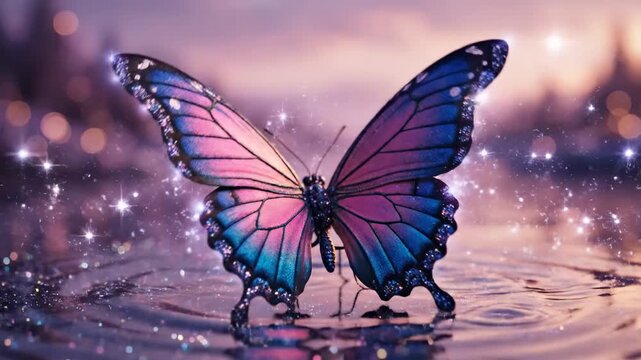 A close-up of a butterfly with gradient blue-pink wings adorned with glitter. It moves slowly over the water, sparkling reflections scattering around it. Y2K ethereal background.