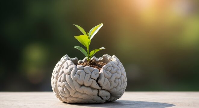 Small green plant sprouts from a broken brain-shaped planter. Concept of mental health, brain development, growth, and new ideas.Brain Injury Awareness Month