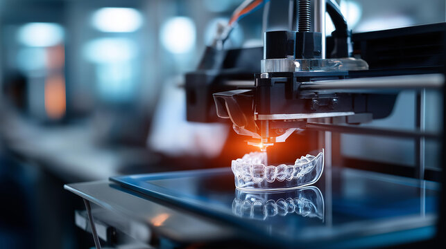 Closeup 3D printer in modern dental laboratory, precisely creating clear dental aligner or prosthetic device, additive manufacturing, dental technology, digital fabrication, with