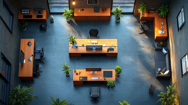 Modern office interior with workstations and greenery, showcasing productivity