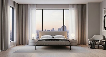 Modern bedroom with city view at sunset, featuring elegant furnishings.