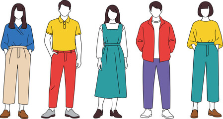 Diverse group of young men and women in colorful casual outfits standing together, faceless character minimalist flat vector illustration,