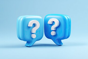Two 3D blue speech bubbles, each holding a white question mark, against a light blue backdrop