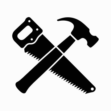 Black silhouette of hammer and handsaw crossed over each other tools vector illustration isolated on white background