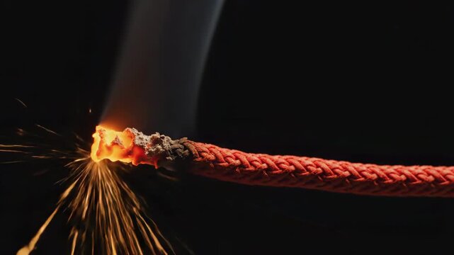 Explosive fuse burning with bright sparks and smoke