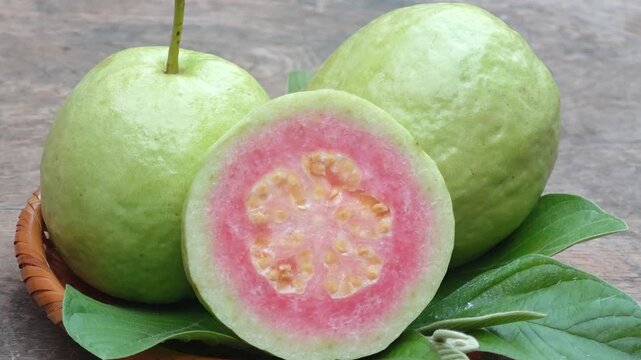 Guava with pink flesh inside.