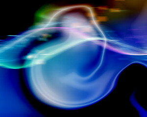 Abstract luminous swirl and wave patterns in vibrant blue and green light, flowing energy, ethereal glow, futuristic digital art, smooth motion, dynamic composition, soft focus, high resolution