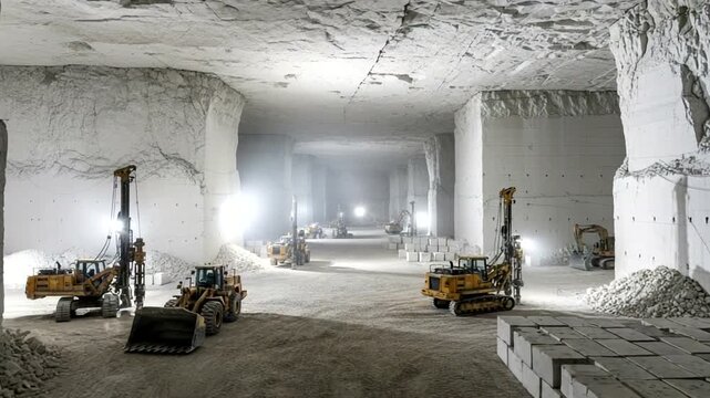 Underground industrial mining operation with heavy machinery and illuminated cavernous space.