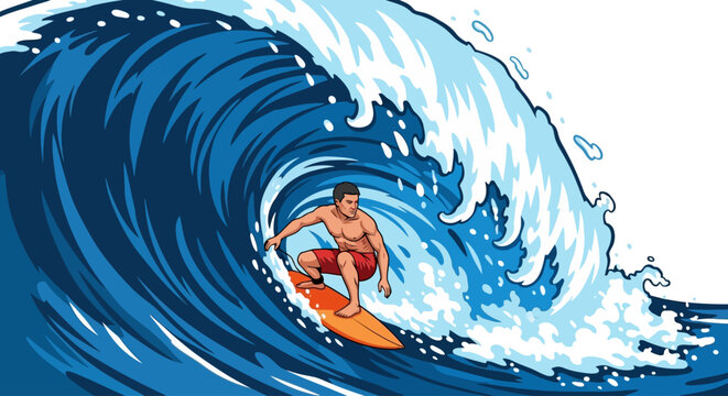 Surfer riding a massive ocean wave with a dynamic splash, captured from a side viewpoint, referencing image(2059).ai