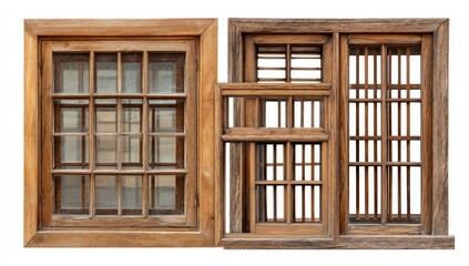 Three intricately framed, wooden windows of varying sizes, showcasing cross-hatch designs