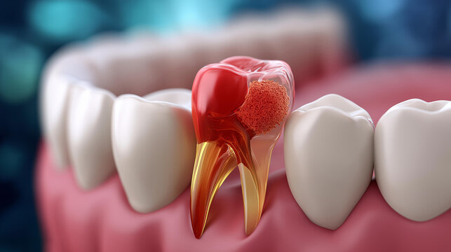 Anatomical illustration of impacted wisdom tooth, dental model showing molar impaction and gum inflammation, oral health visualization, tooth eruption problem, with copy space