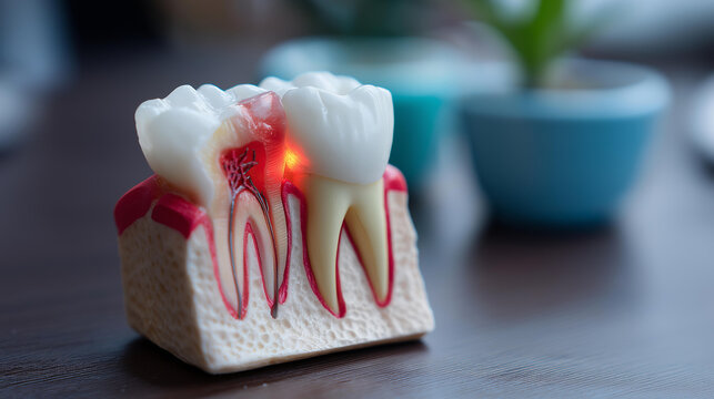 Anatomical illustration of impacted wisdom tooth, dental model showing molar impaction and gum inflammation, oral health visualization, tooth eruption problem, with copy space