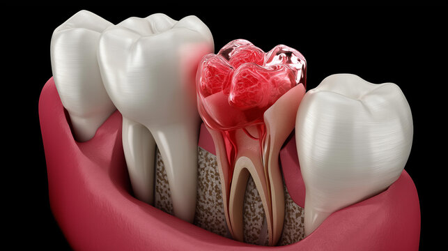 Anatomical illustration of impacted wisdom tooth, dental model showing molar impaction and gum inflammation, oral health visualization, tooth eruption problem, with copy space