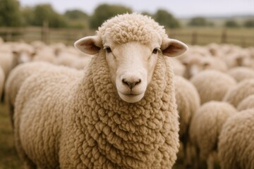 Obraz premium Close-up of a Sheep in a Field with a Herd, Focused on the Animal's Face