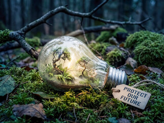 Glass lightbulb with lush green forest growing inside surreal realism concept background copy space ecology nature sustainability energy environment