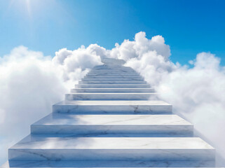 White stone staircase leading into bright blue sky through clouds surreal realism concept background copy space ambition goal success future vision hope